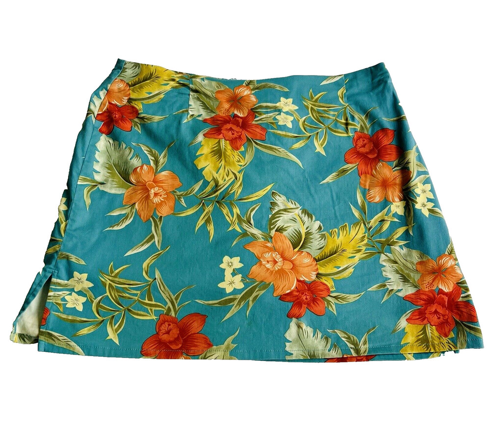 Caribbean Joe - Women's Teal Blue Tropical Floral Print Skort Shorts 16P